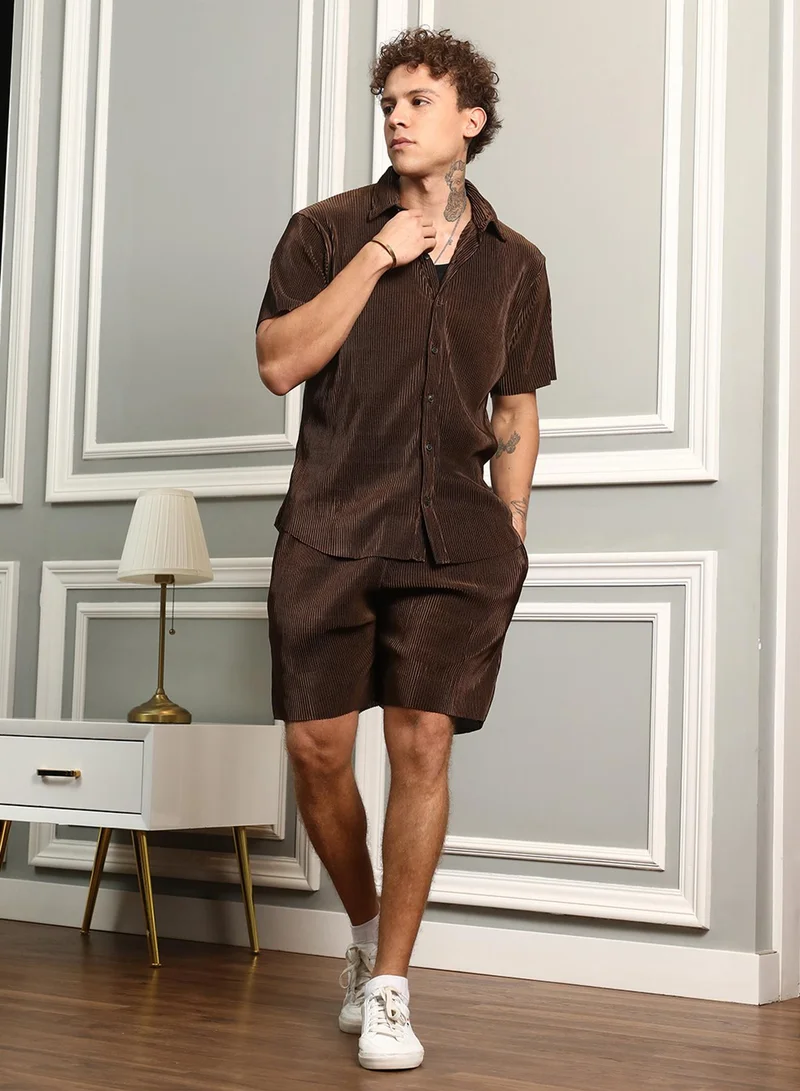 Campus Sutra Men's Mocha Brown Pleat-Creased Co-Ord Set For Casual Wear | Spread Collar | Short Sleeve | Button Closure | Co-Ords Crafted With Comfort Fit For Everyday Wear